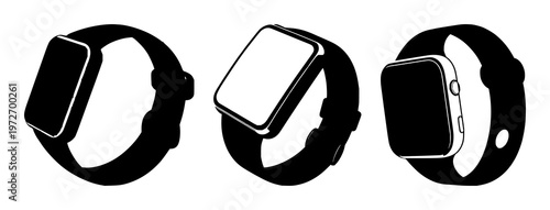 Smartwatch set with solid black icon on white background featuring fitness, wearable, smartwatch with icon design and monochrome