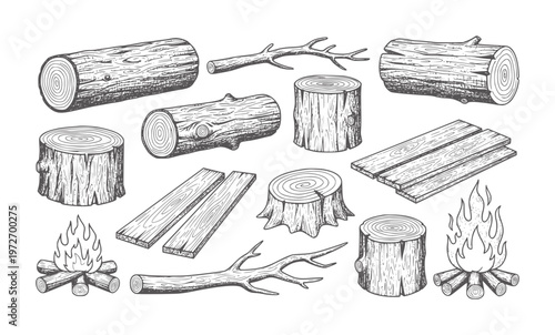 Collection of wood logs stumps branches planks and campfires in style