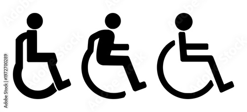 Wheelchair access symbol set with a solid black icon featuring a person, chair, accessibility with mobility and universal design