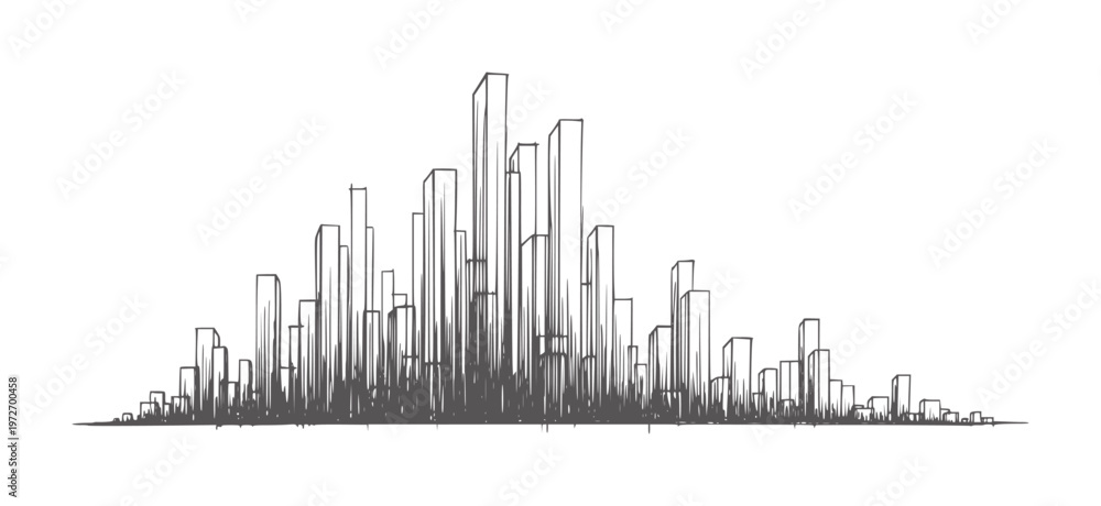Fototapeta premium Hand drawn of a dense city skyline with varying height buildings architecture urban