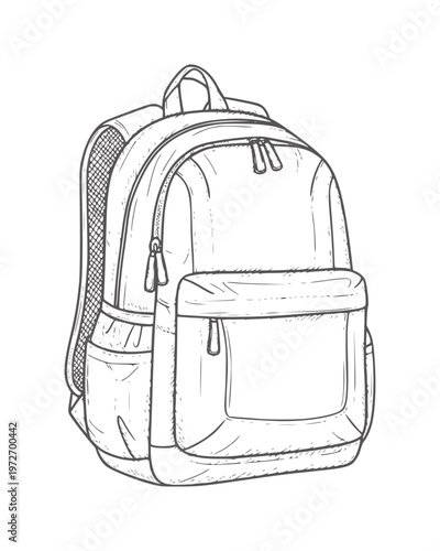 Hand drawn of a black and white backpack with zippers and pockets travel
