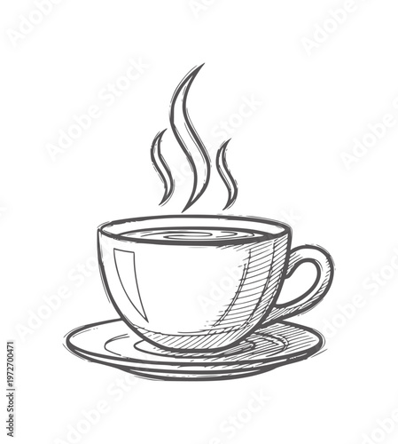 Hand drawn of a steaming cup of coffee a saucer