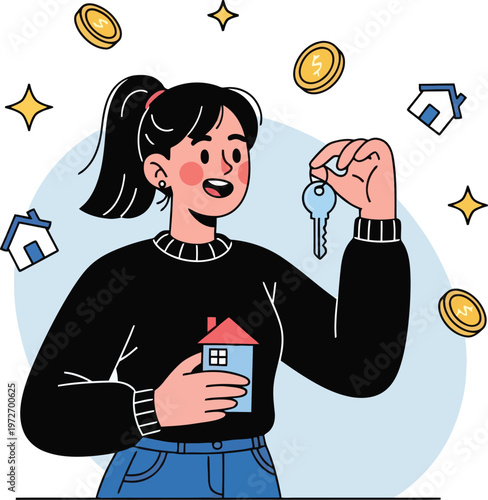 Real estate investment concept vector, happy woman holding house keys and model home, financial success in property market with gold coins