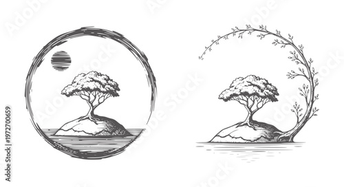 Stylized ink of a solitary tree an island within a circle and a curved branch water