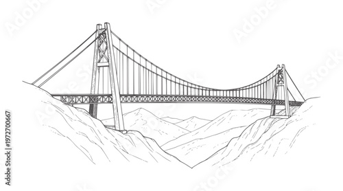 Suspension bridge spanning a rocky mountain gorge in style mountains