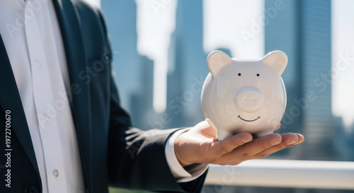 Businessman Holding Piggy Bank, Investment Concept, Savings, Money Management, Financial Security, Future Wealth, Retirement Planning, Economy