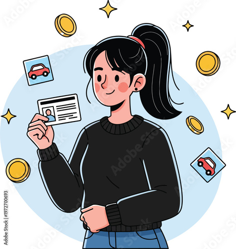 Young woman holding driver license card, female character with driving permit and car icons, automotive insurance and licensing concept vector