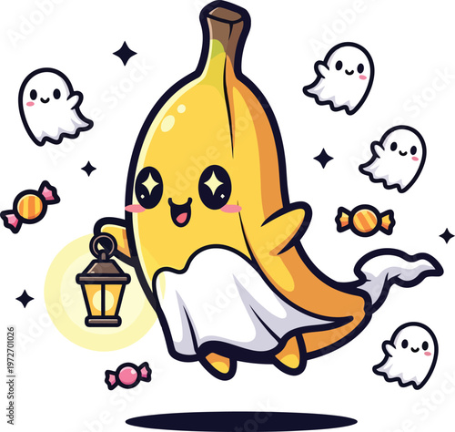 Kawaii Halloween banana ghost vector, cute fruit character in spooky costume with lantern, whimsical seasonal food illustration with candy and spirits