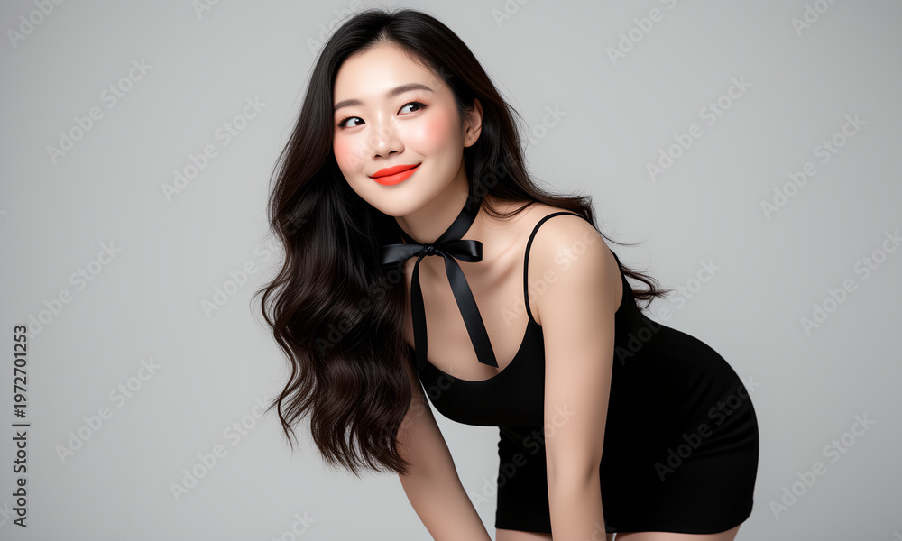 Fototapeta premium Stylish young Asian woman in a black dress with a bow choker posing elegantly