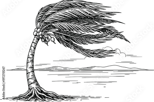 Φωτογραφία Palm Tree Bending in Strong Wind Over Ocean Waves Textured Line Art Tropical Sto