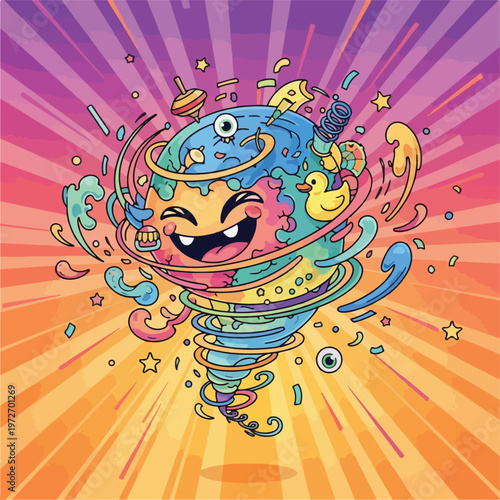Whimsical Tornado Toon with Smiling Face and Floating Objects