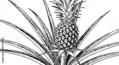 Pineapple Fruit Growing on Plant Detailed Botanical Illustration Tropical Agriculture Vintage Engraving Style