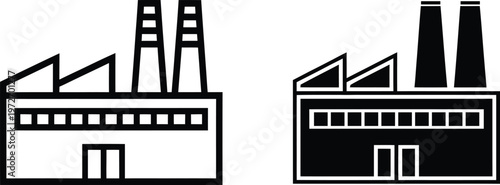 Industrial factory building icons set with chimney stacks for manufacturing production plant and energy sector business concepts