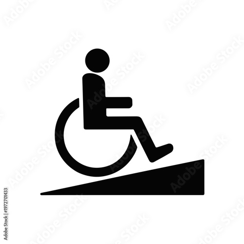 Black icon of a person in a wheelchair on a ramp, representing universal accessibility concept and inclusive design for public spaces