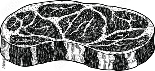 Raw Marbled Beef Steak Detailed Texture Close-Up View Hand-Drawn Sketch Style Food Preparation Concept