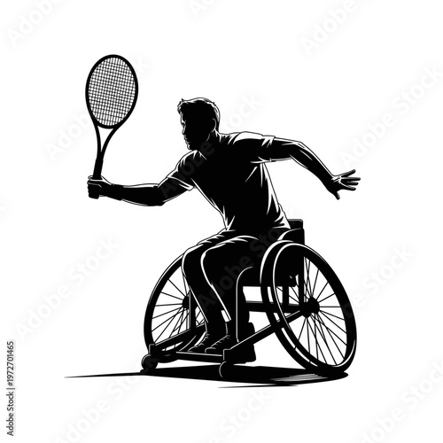 Silhouette of wheelchair tennis player hitting ball with racket, adaptive sport, active lifestyle and inclusive independence concept, part of disability silhouettes collection