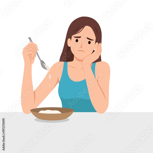Unhappy woman eating plain food, bored expression during meal, healthy diet struggle. Flat vector illustration isolated on white background