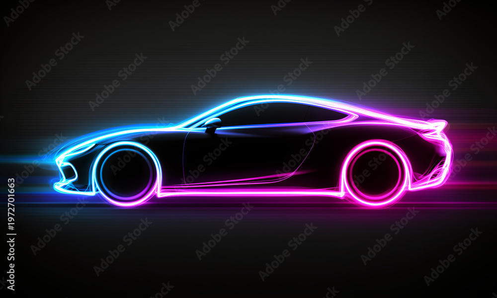 Naklejka premium Futuristic sports car glowing with vibrant neon lights on a dark, dynamic background showcasing speed.
