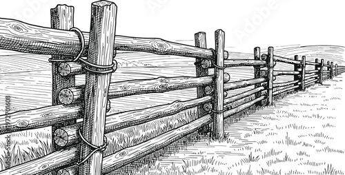 Rustic Wooden Rail Fence Line Extending Across Grassy Field Hand-Drawn Sketch Style