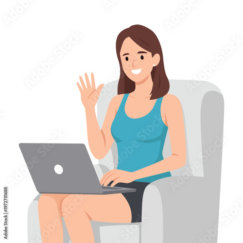 Smiling woman using laptop and waving hello, video call communication. Flat vector illustration isolated on white background