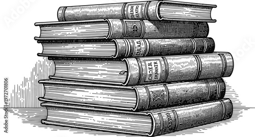 Stack of antique hardback books with embossed titles detailed engraving isolated on white background