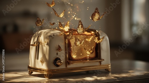 White Toaster Emitting Golden Butterflies, Conceptual Abstract Scene