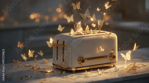 White Toaster Emitting Golden Butterflies, Conceptual Abstract Scene