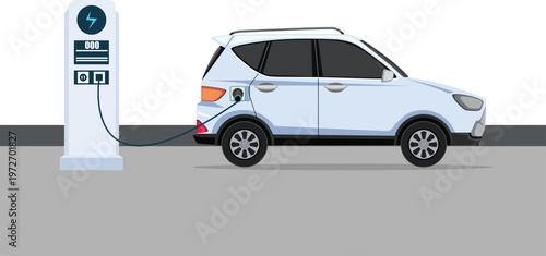 Electric Car Charging at EV Station – Eco Friendly Transportation Concept 電気自動車の充電シーン・EV充電ステーション・環境に優しい交通コンセプト