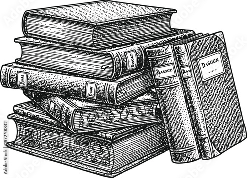 Stack of Antique Leather Bound Books with Embossed Covers and Handwritten Titles Detailed Engraving Style
