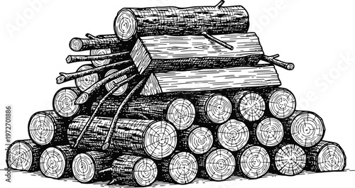 Stack of Firewood Logs and Branches in Rustic Sketch Style Detailed Cross-Sections Outdoor Storage