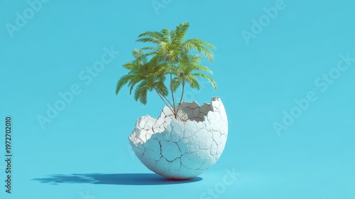 Cracked Tennis Ball with Tiny Tropical Palm Tree on Turquoise Background