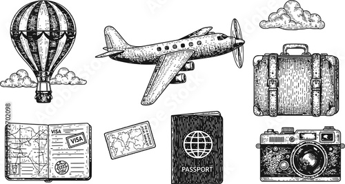 Travel Essentials Collection: Airplane Hot Air Balloon Passport Camera Luggage MapVintage Sketch Style