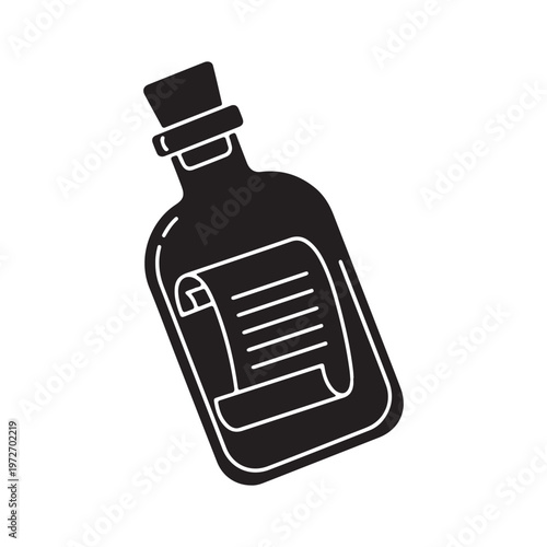 Message in bottle black glyph icon. Scrolled note inside glass with cork. Solving puzzles, clues for riddles. Part of quest. Escape room. Silhouette symbol on white space. Vector isolated illustration