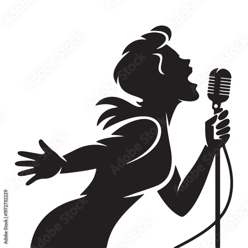 Female Singer Performing with Microphone Silhouette – Live Music Concert Vector Illustration