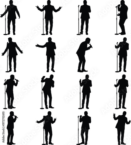 Male Singer Silhouette Set: Vocalist Performing with Microphone Stand in Suit and Tie