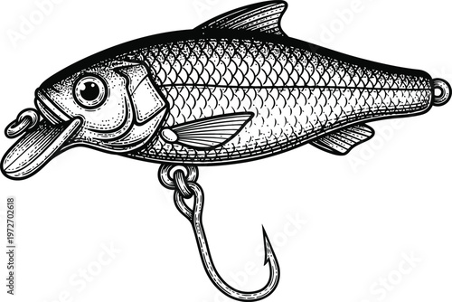 Vintage Fishing Lure with Treble Hook Detailed Illustration Angling Equipment Close-Up Black and White Engraving Style