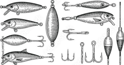 Vintage Fishing Lures and Hooks Collection Detailed Engraving Style Isolated on White Background for Angling Enthusiasts