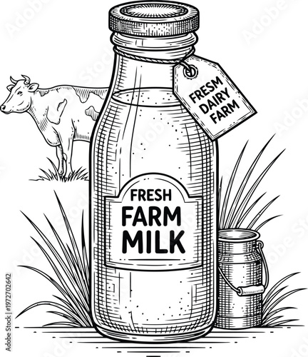 Vintage Glass Milk Bottle with Farm Label and Cow Silhouette Rustic Dairy Farm Scene Engraving Style