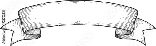 Vintage Ribbon Banner with Engraved Texture Blank Scroll for Text Isolated on White Background Etching Style