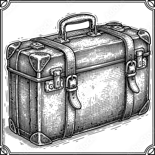 Vintage Suitcase Detailed Engraving with Leather Straps and Buckles Classic Travel Luggage Retro Aesthetic Illustration