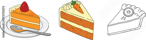  Colorful Cake Slice Vector Set Featuring Strawberry Cheesecake, Carrot Cake, and Cream Dessert Illustration for Bakery Menu Design, Cafe Branding, Food Packaging, and Sweet Treat Graphics