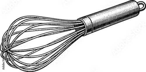 Wire Whisk Kitchen Utensil with Cylindrical Handle for Baking and Cooking Preparation Isolated on White Background Detailed Line Art Style