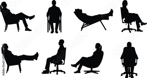 Silhouettes of people sitting in various chairs and recliners on a transparent background.