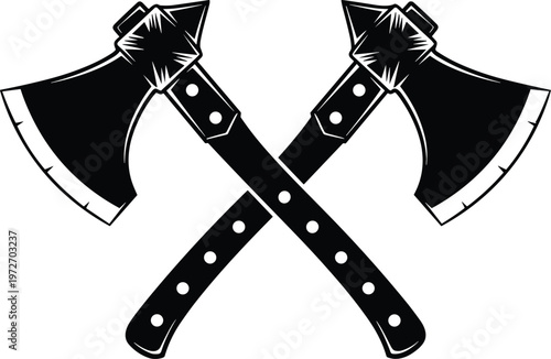 Two crossed viking axes with stylized design on transparent background.