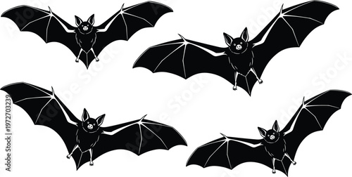 Four black bats with outstretched wings flying on a transparent background.