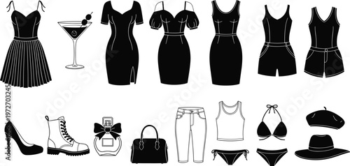 Collection of black and white fashion items and clothing on transparent background.