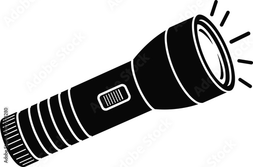 Black silhouette of a modern flashlight with a white switch and light rays.