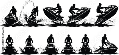 Set of jet ski riders performing stunts on water with splash and waves.