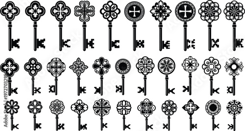 Collection of vintage ornate keys with decorative fleur de lis and cross elements.