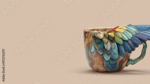 Floating Ceramic Coffee Cup with Parrot Wing Handle on Soft Beige Background